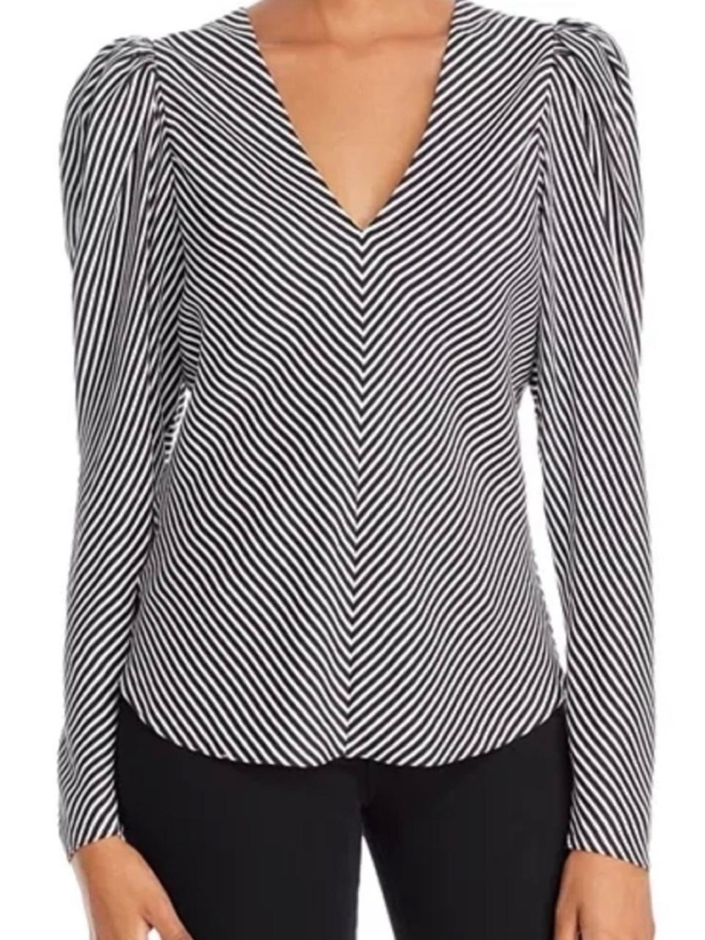 Frame Denim Black and White Striped V-Neck Blouse